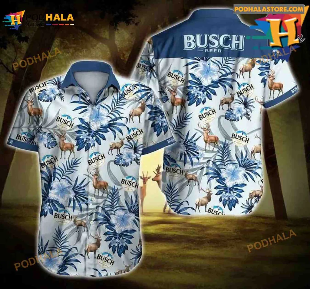 Busch Beer Hawaiian Shirt With Tropical Deer And Floral Design