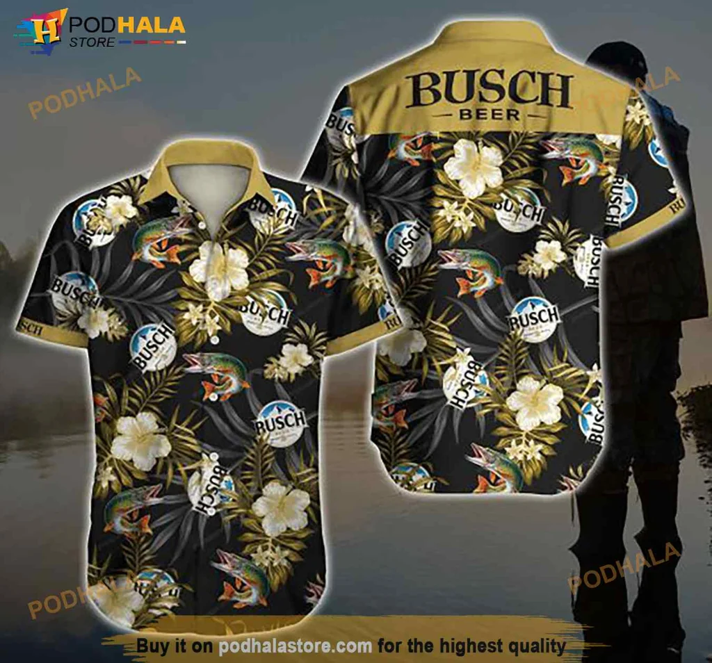 Busch Beer Hawaiian Shirt With Tropical Hibiscus And Fish Design