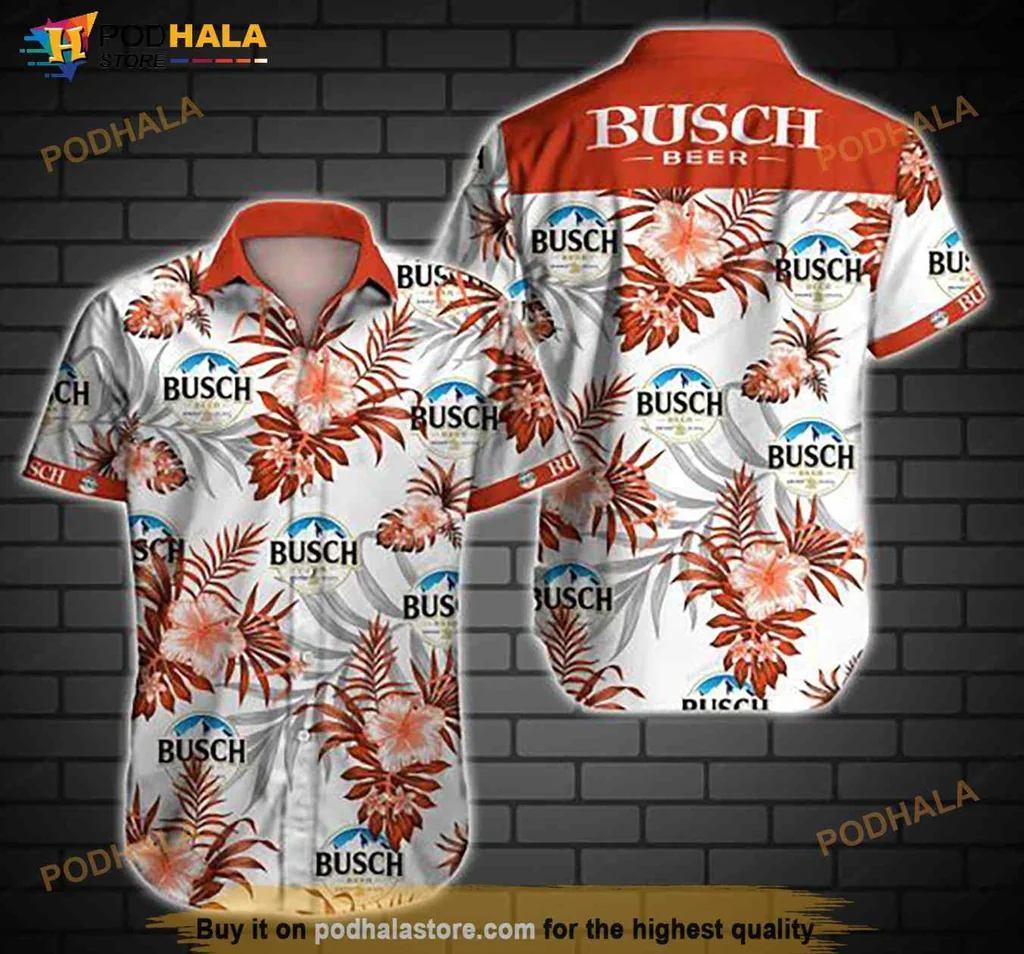 Busch Beer Hawaiian Shirt With Tropical Hibiscus And Palm Design