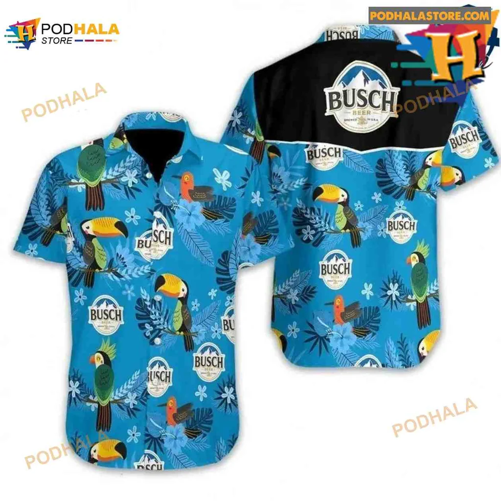 Busch Beer Tropical Aloha Shirt With Colorful Birds And Lush Foliage