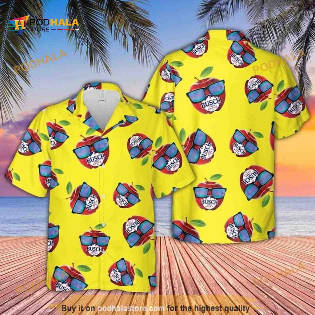 Busch Beer Tropical Aloha Shirt With Fun Cup And Fruit Design
