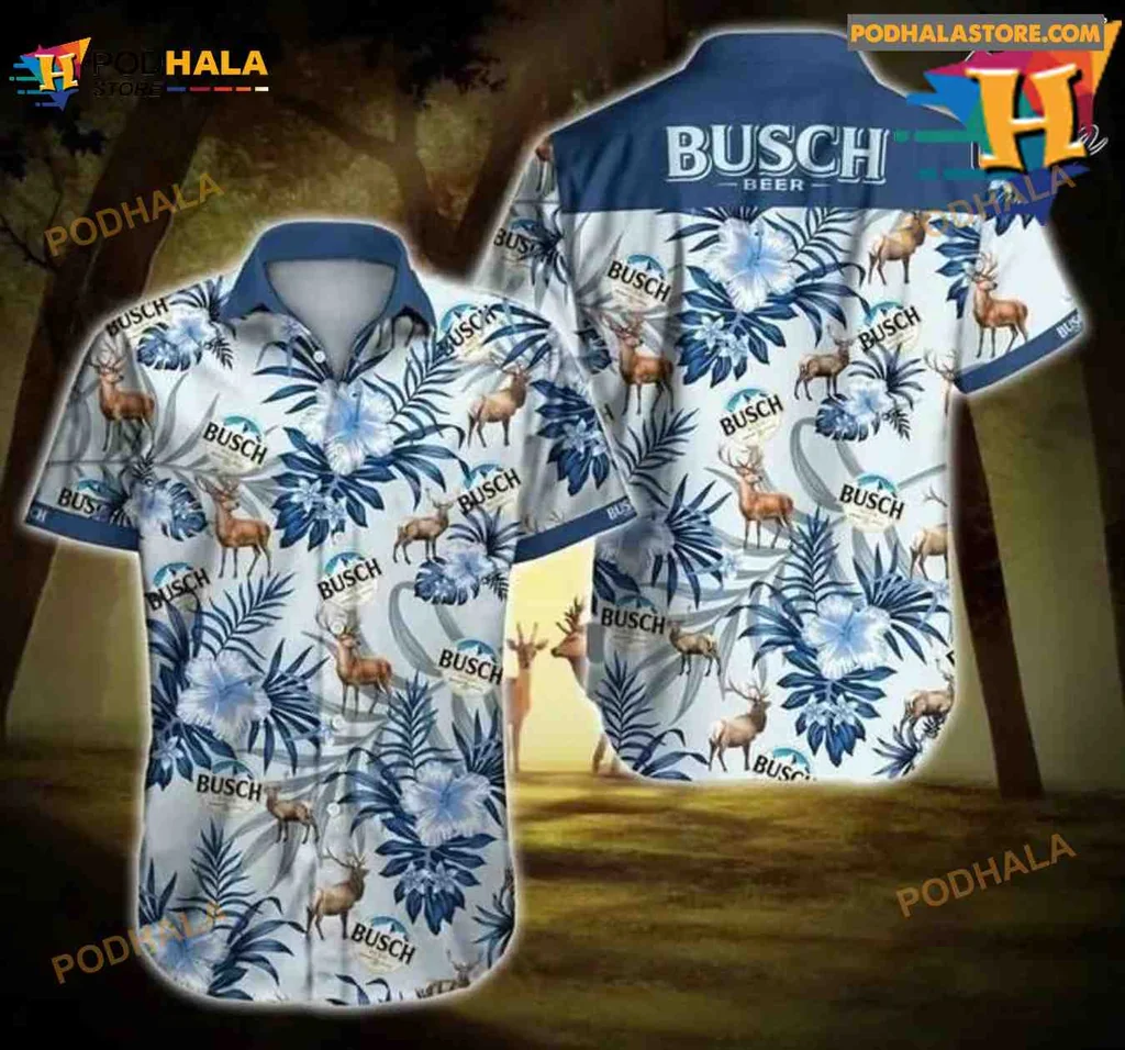 Busch Beer Tropical Aloha Shirt With Palm Leaves And Floral Patterns