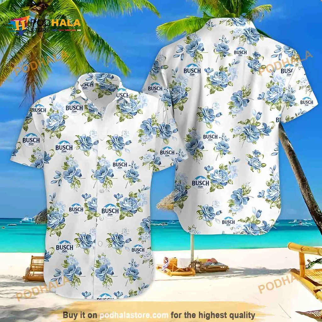Busch Beer Tropical Hawaiian Shirt With Blue Floral Design
