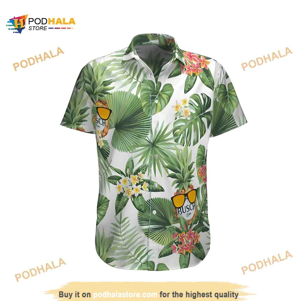 Busch Beer Tropical Hawaiian Shirt With Floral Design And Sunglasses