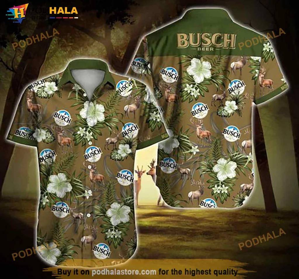 Busch Beer Tropical Hawaiian Shirt With Hibiscus Flowers And Deer Design
