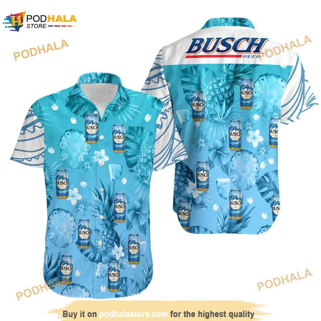 Busch Beer Tropical Hawaiian Shirt With Pineapples And Palm Leaves