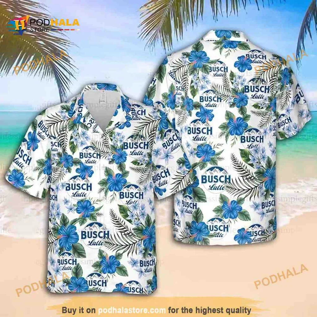 Busch Latte Hawaiian Shirt With Tropical Hibiscus And Palm Leaves