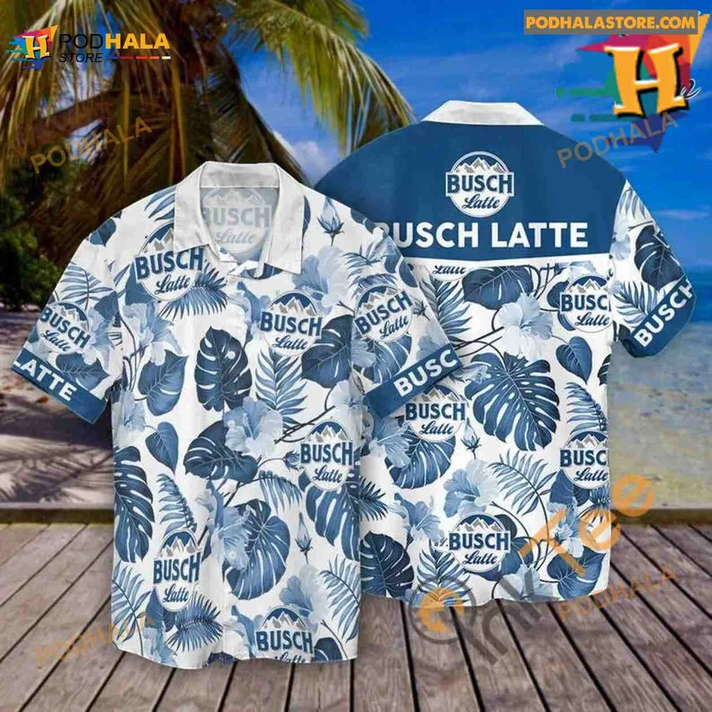 Busch Latte Hawaiian Shirt With Tropical Leaves And Bold Text