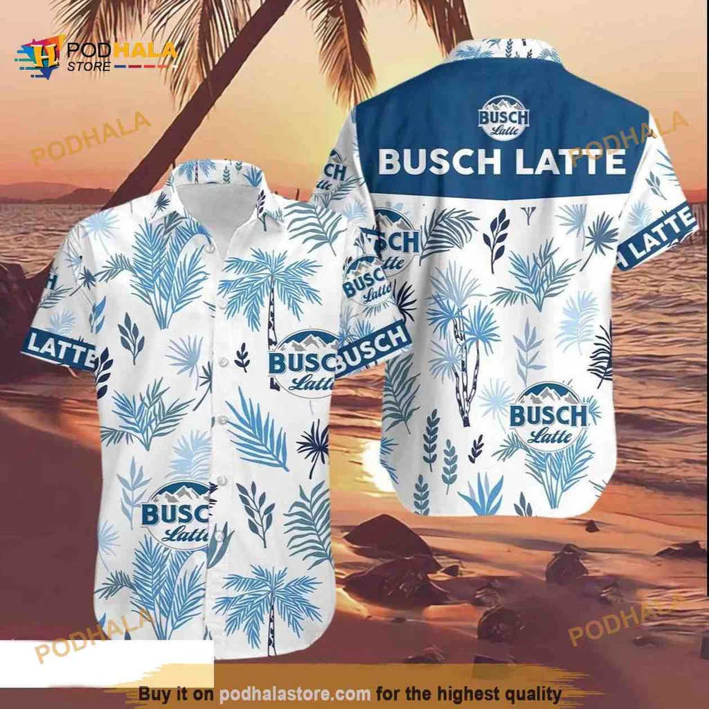 Busch Latte Tropical Aloha Shirt With Blue Palm Leaves Design