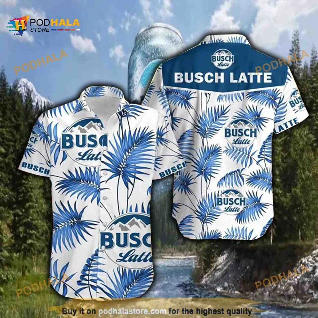 Busch Latte Tropical Hawaiian Shirt With Blue Palm Leaves