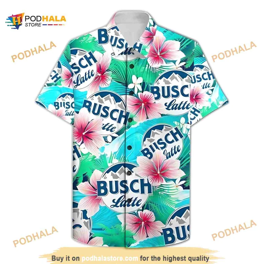 Busch Latte Tropical Hawaiian Shirt With Hibiscus And Palm Leaf Design