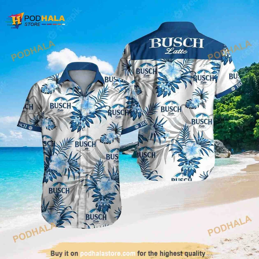 Busch Latte Tropical Hawaiian Shirt With Hibiscus Flowers
