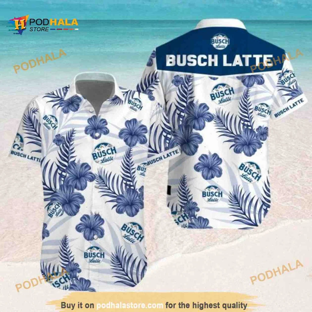 Busch Latte Tropical Hawaiian Shirt With Hibiscus Flowers And Palm Leaves