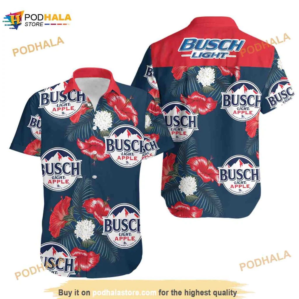 Busch Light Apple Floral Hawaiian Shirt With Hibiscus And Apple Blossoms