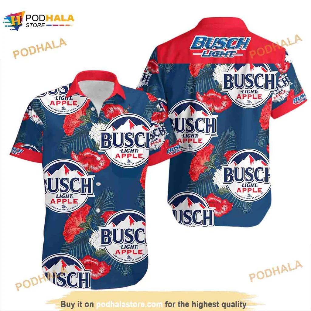 Busch Light Apple Hawaiian Shirt With Tropical Hibiscus And Palm Design