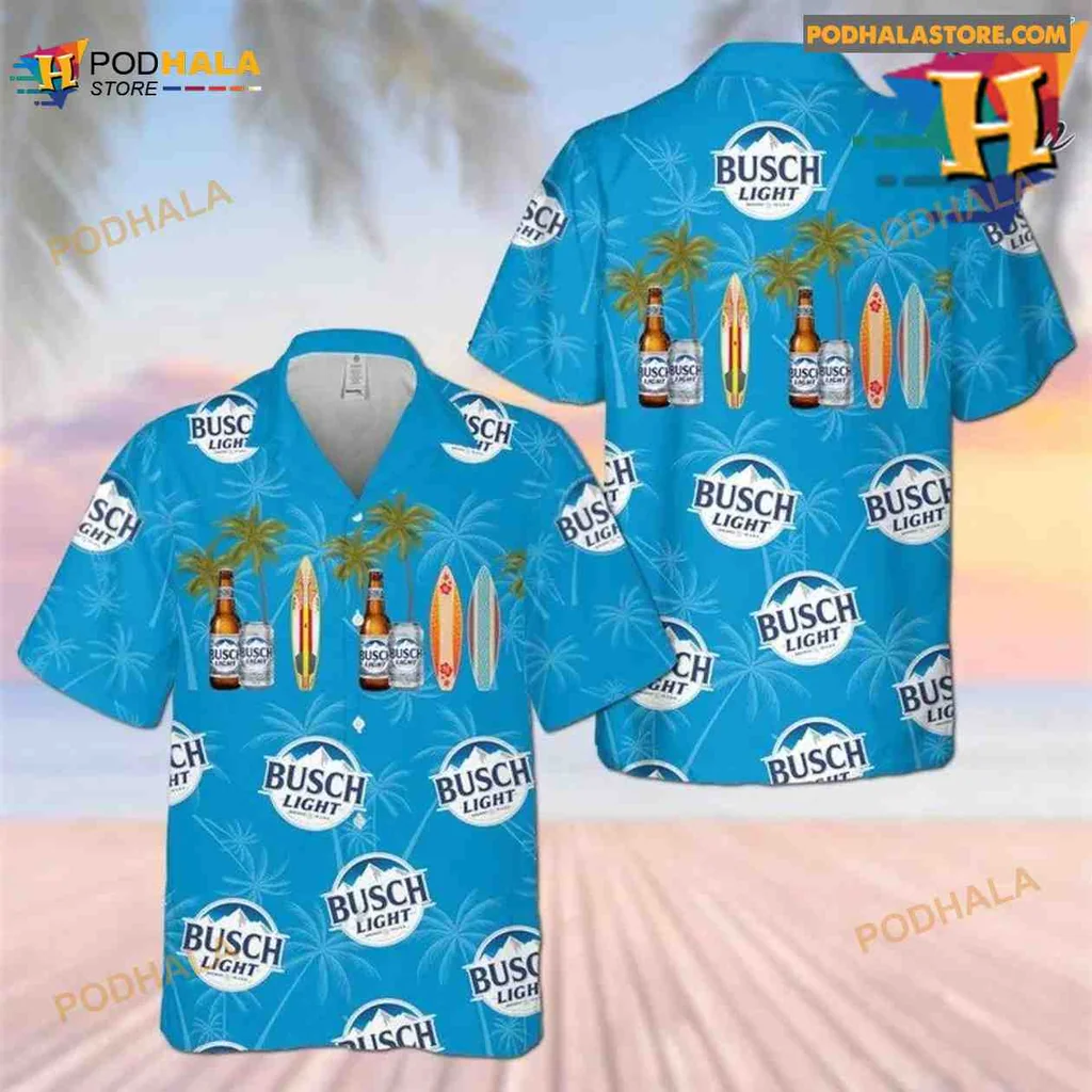 Busch Light Beer Aloha Shirt With Tropical Surfboards And Palm Trees
