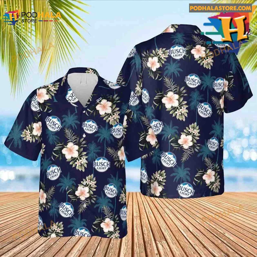 Busch Light Beer Hawaiian Shirt With Hibiscus Flowers And Palm Leaves