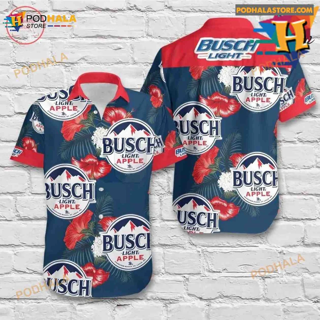 Busch Light Beer Hawaiian Shirt With Red Hibiscus Flowers