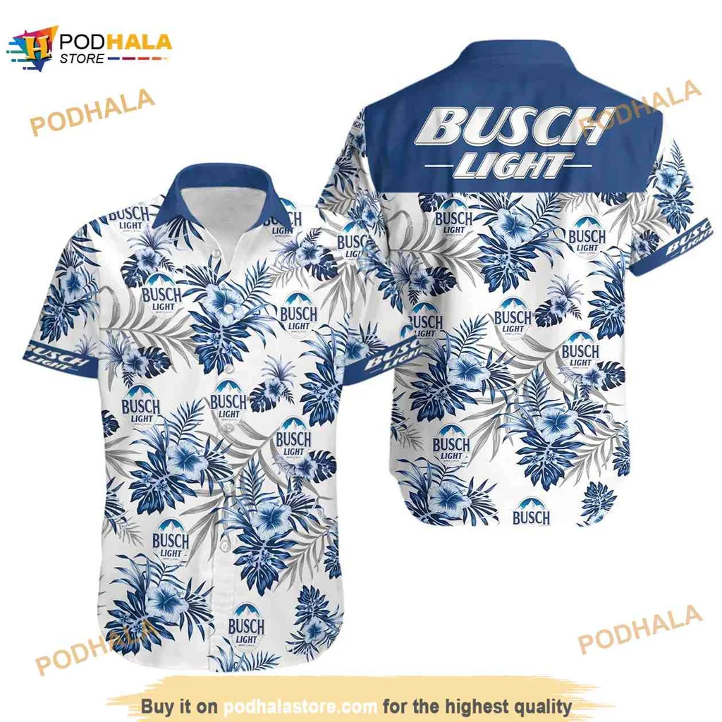 Busch Light Blue Leaf Hawaiian Shirt With Tropical Floral Design