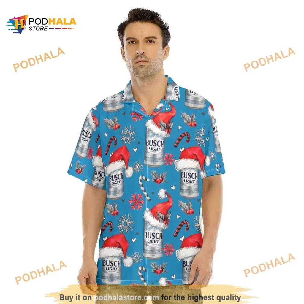 Busch Light Christmas Hawaiian Shirt With Santa Hats And Tropical Vibes