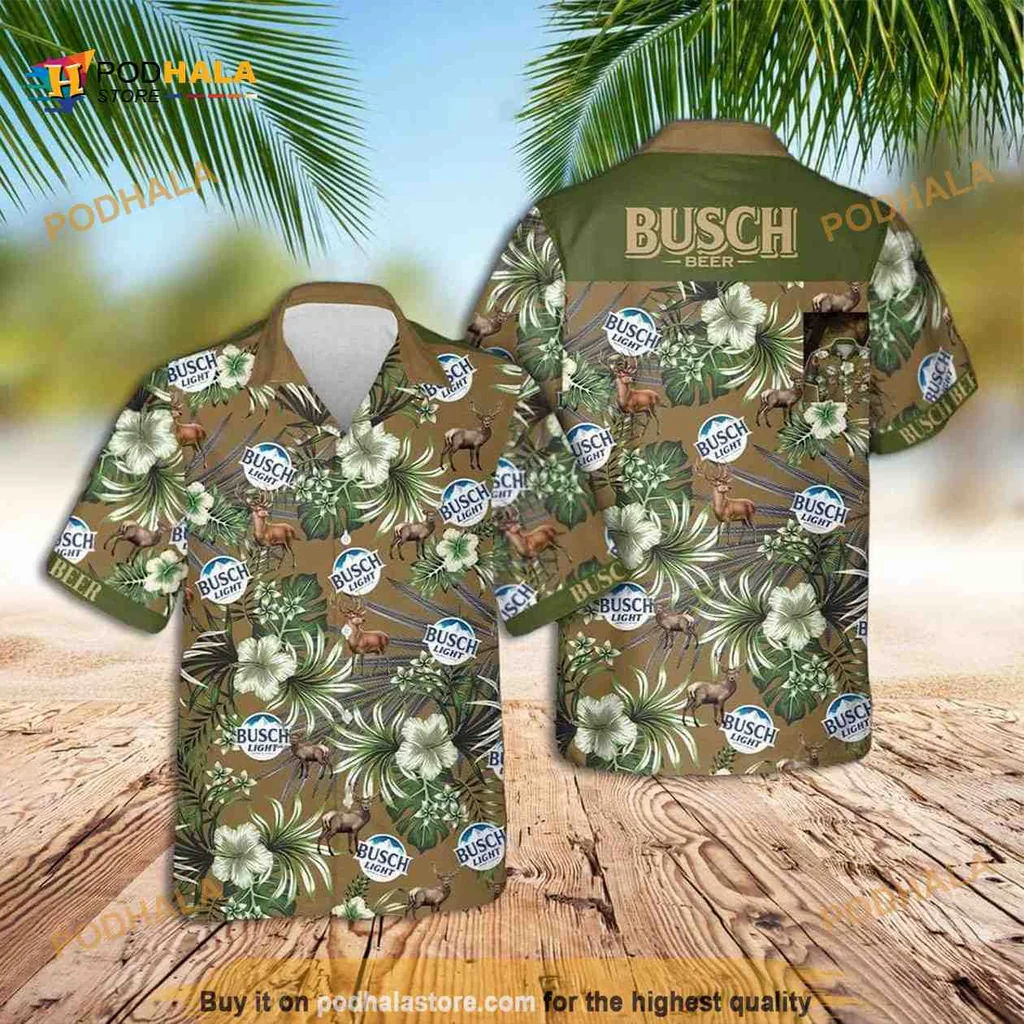 Busch Light Deer Tropical Shirt With Hibiscus Flowers And Green Leaves