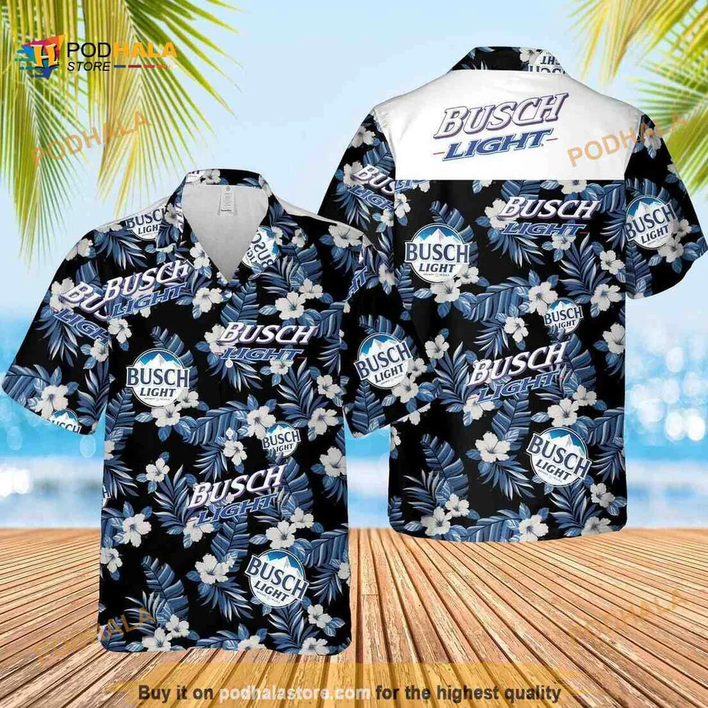 Busch Light Floral Hawaiian Shirt With Blue Hibiscus Design