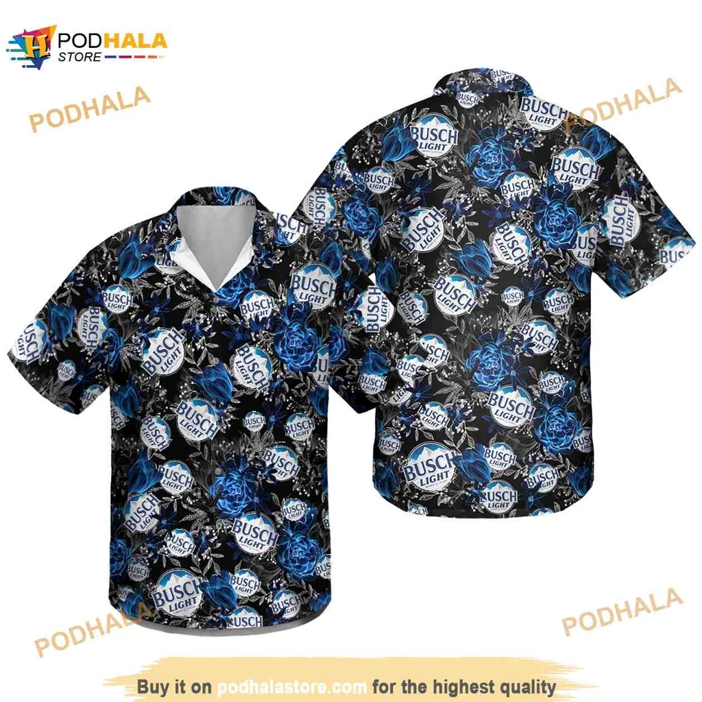 Busch Light Floral Hawaiian Shirt With Blue Roses