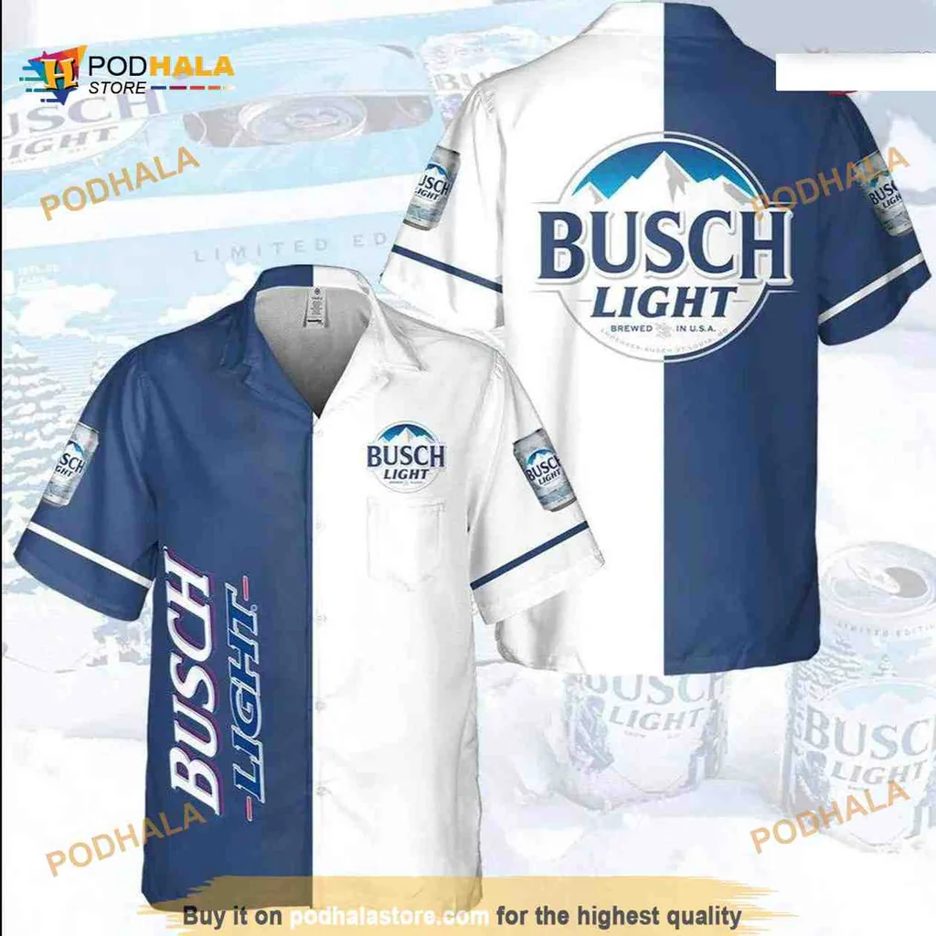Busch Light Hawaiian Shirt, Classic Blue And White Split Design