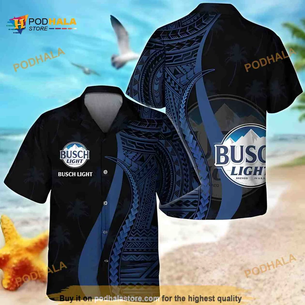 Busch Light Hawaiian Shirt With Blue Polynesian Pattern For Beer Lovers
