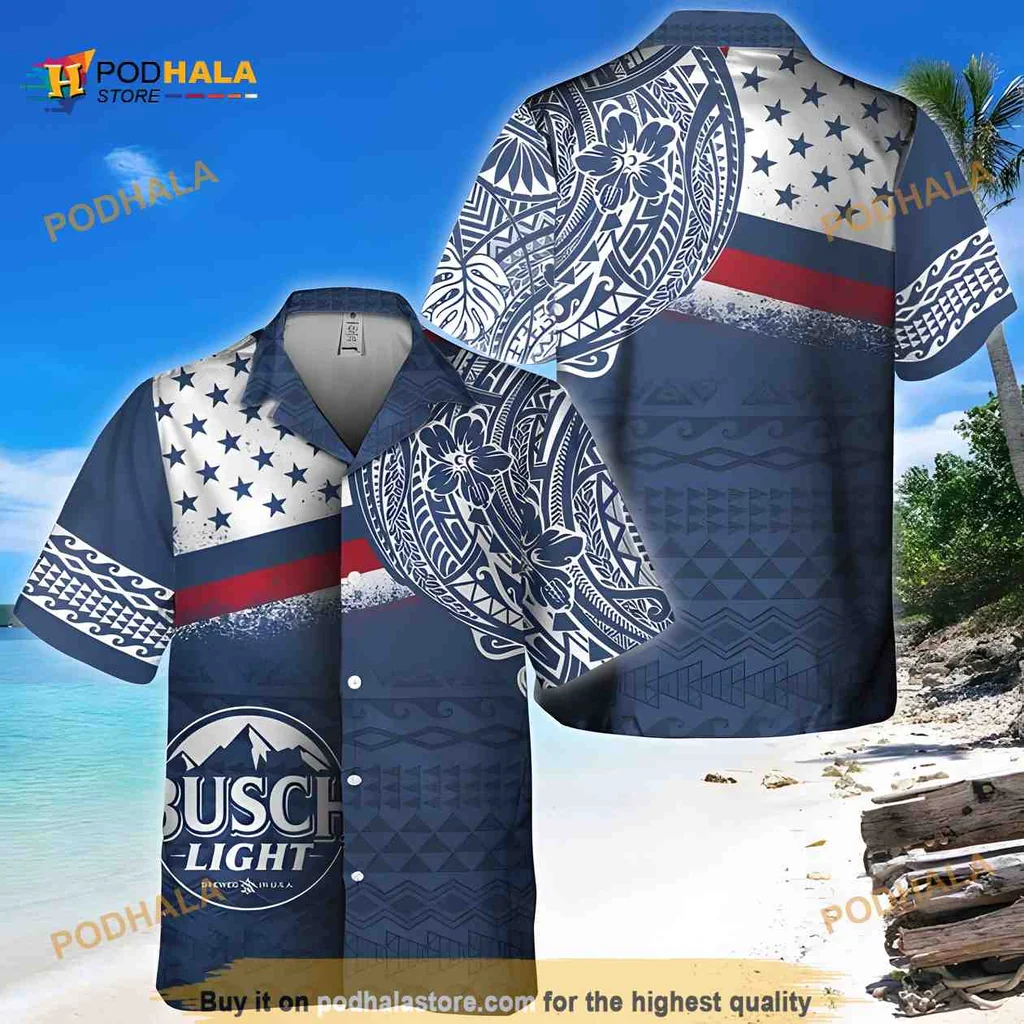 Busch Light Polynesian Pattern Hawaiian Shirt With Tropical Motifs