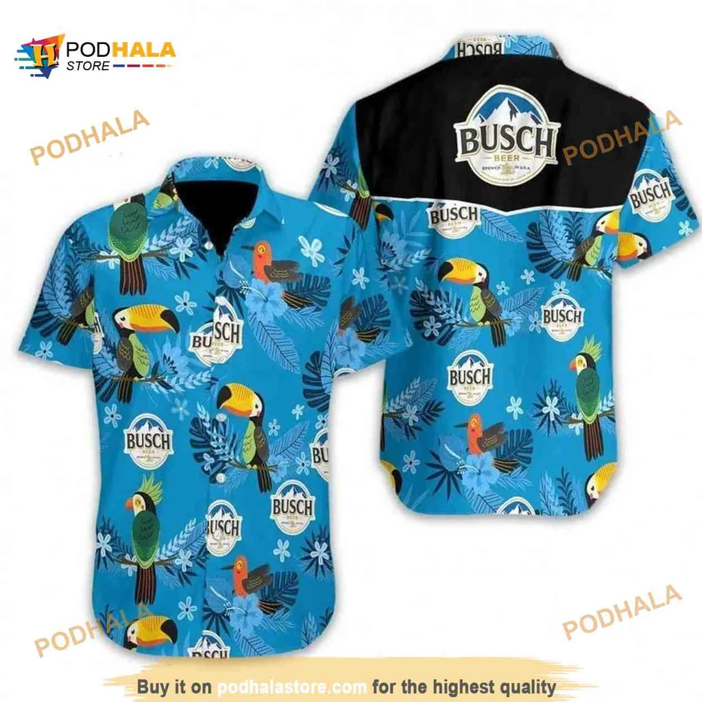 Busch Light Toucan Tropical Shirt With Bright Floral Pattern