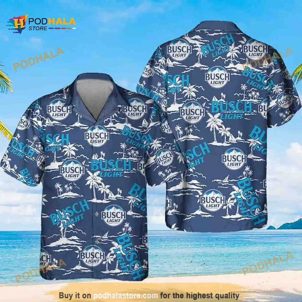 Busch Light Tropical Aloha Shirt, Vibrant Island Pattern With Palm Trees