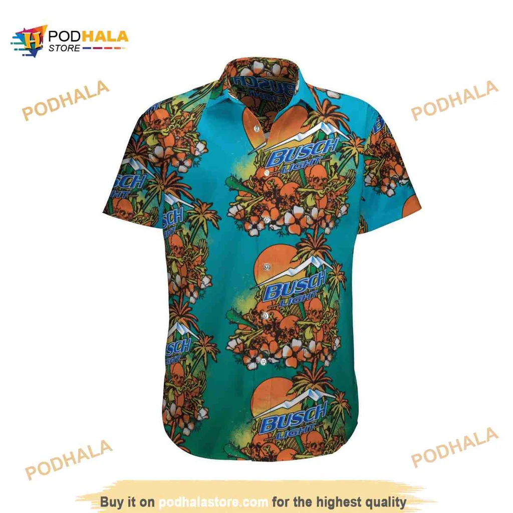 Busch Light Tropical Floral Hawaiian Shirt With Orange Skull And Palm Design