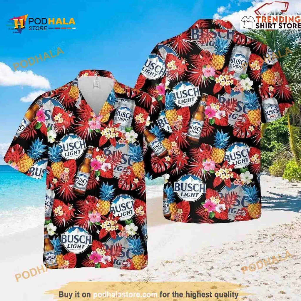 Busch Light Tropical Floral Hawaiian Shirt With Pineapples And Colorful Flowers