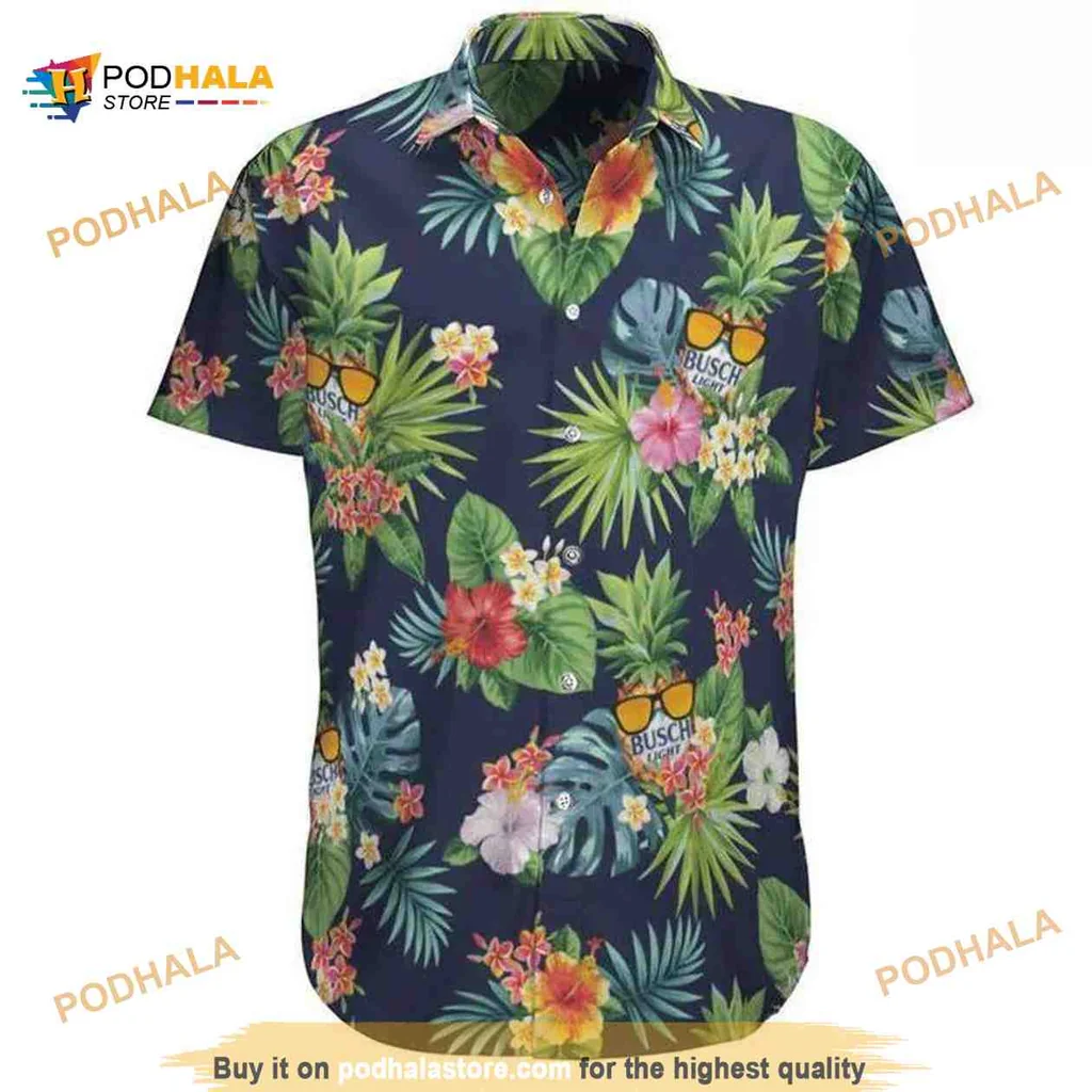 Busch Light Tropical Floral Shirt With Lush Green Leaves And Colorful Flowers