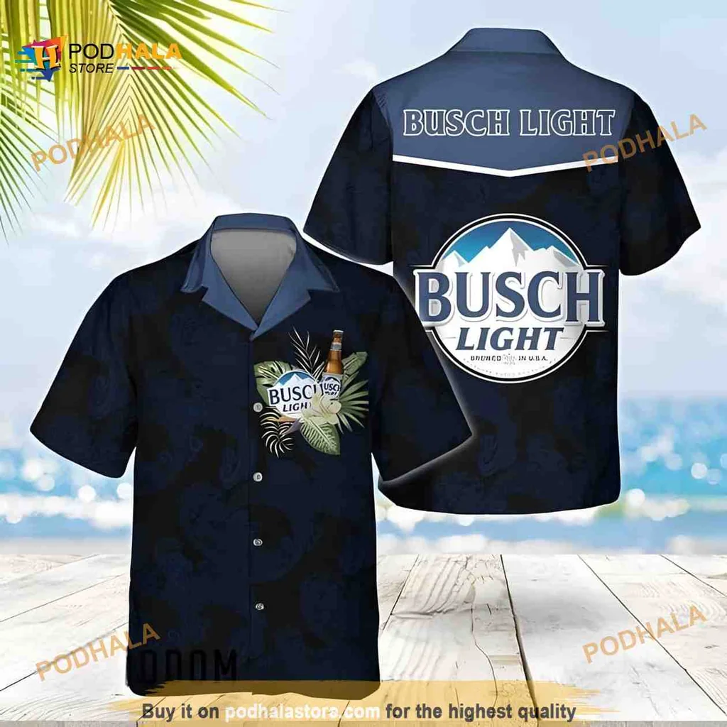 Busch Light Tropical Hawaiian Shirt With Beer Bottle And Palm Leaves