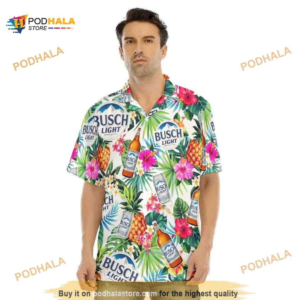 Busch Light Tropical Hawaiian Shirt With Colorful Flora And Pineapples