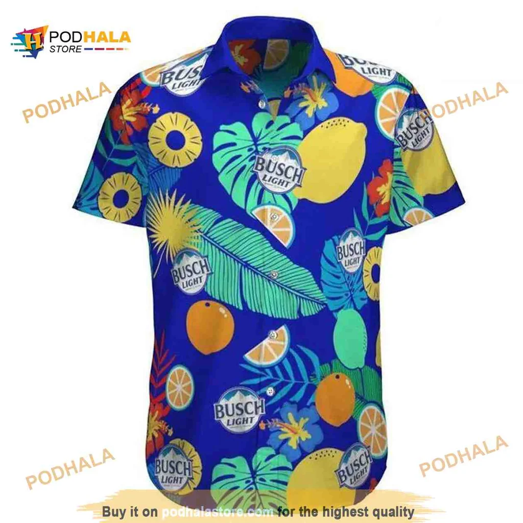 Busch Light Tropical Hawaiian Shirt With Colorful Fruit And Leaf Design