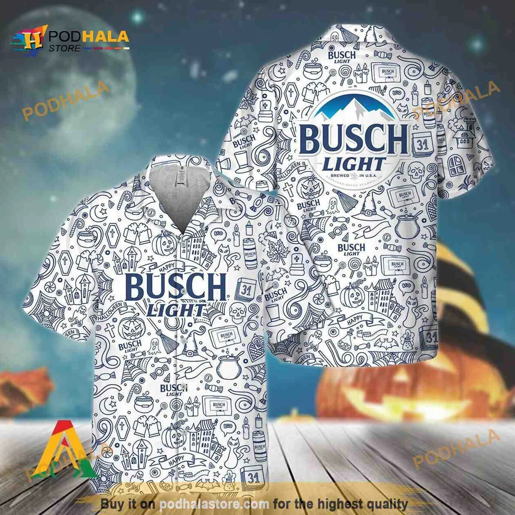 Busch Light Tropical Hawaiian Shirt With Doodle Art And Beer Graphics