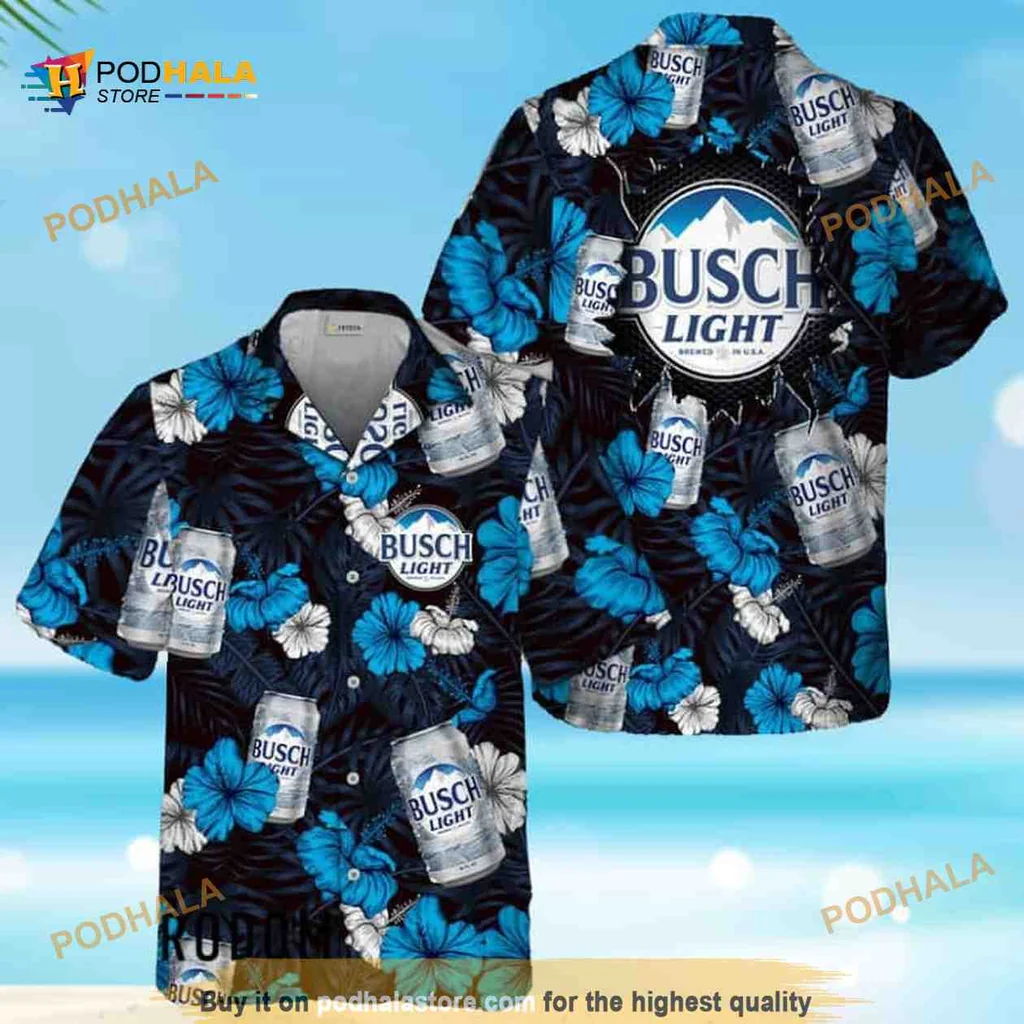 Busch Light Tropical Hawaiian Shirt With Hibiscus Flowers