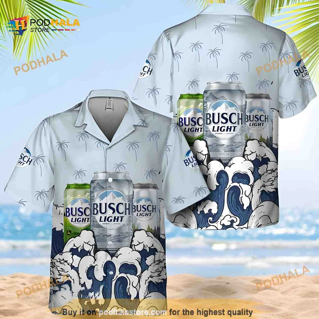 Busch Light Tropical Hawaiian Shirt With Ocean Waves And Palm Trees