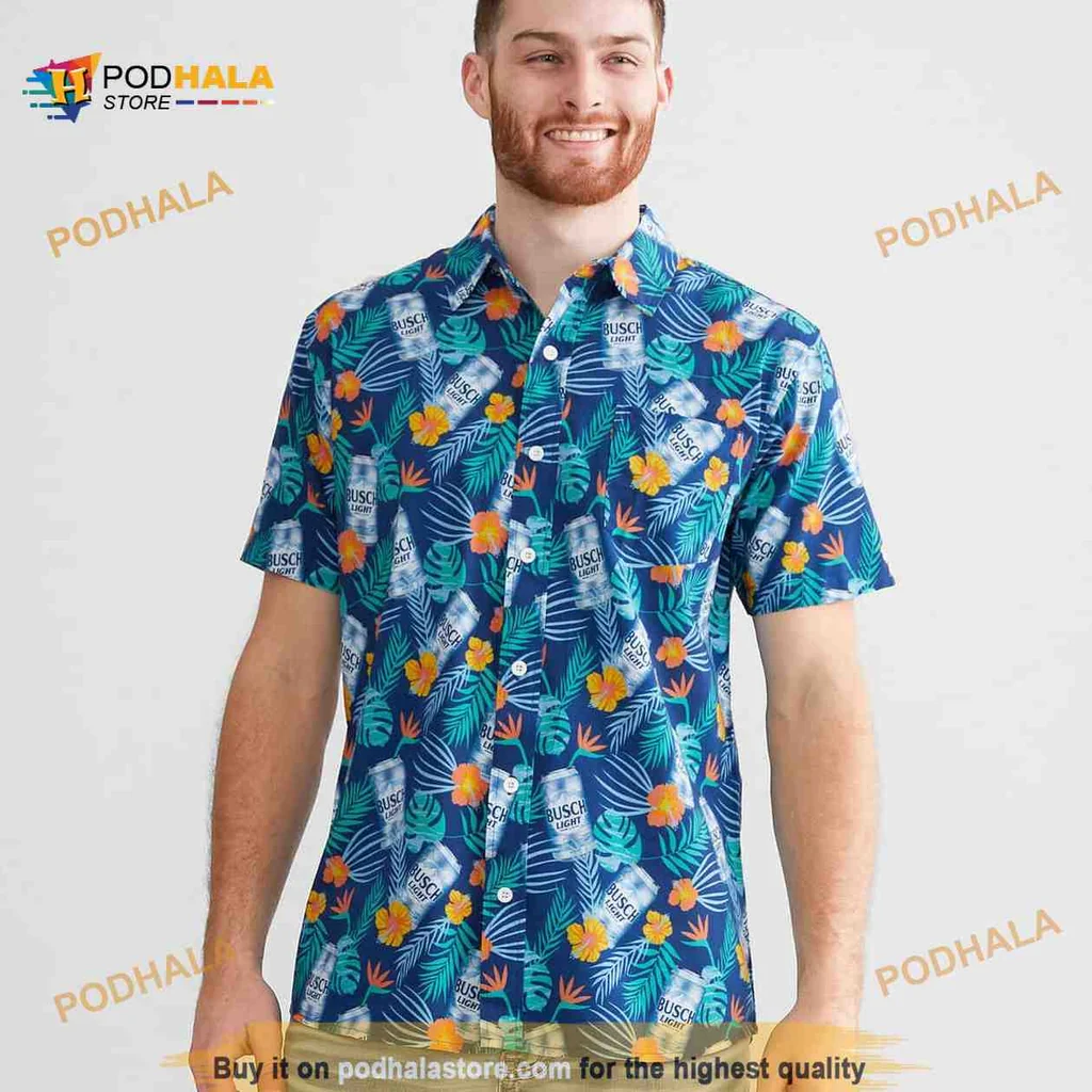 Busch Light Tropical Hawaiian Shirt With Palm Leaves And Beer Cans