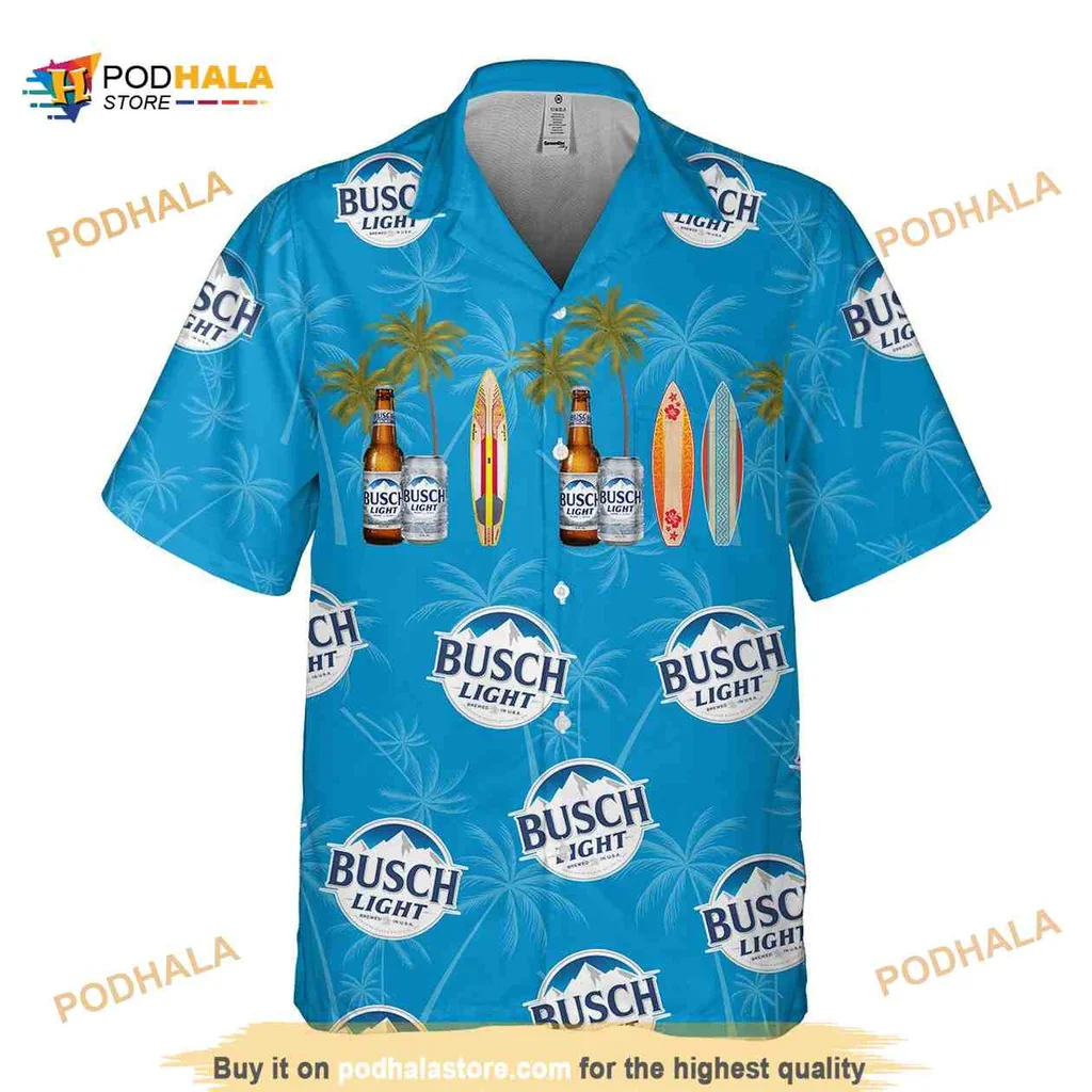 Busch Light Tropical Hawaiian Shirt With Palm Trees And Surfboards