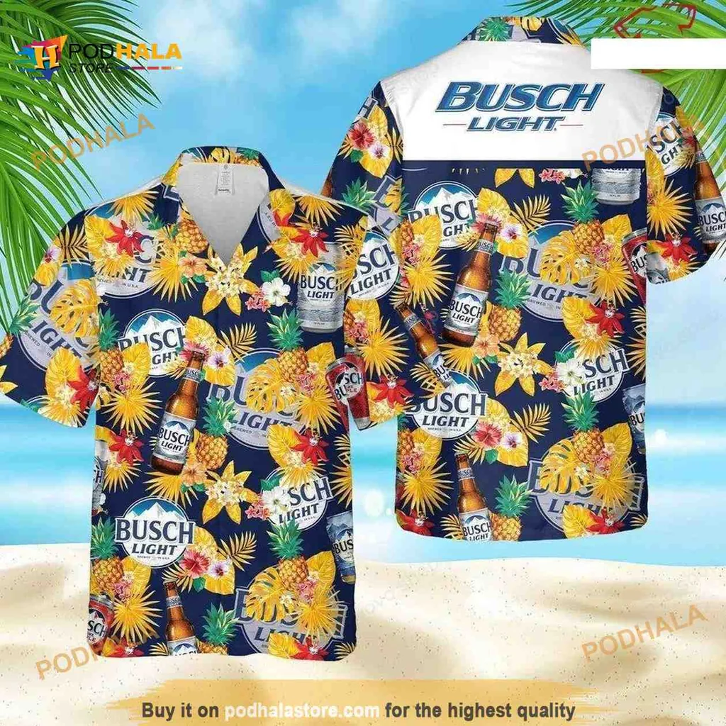 Busch Light Tropical Hawaiian Shirt With Pineapples And Floral Design