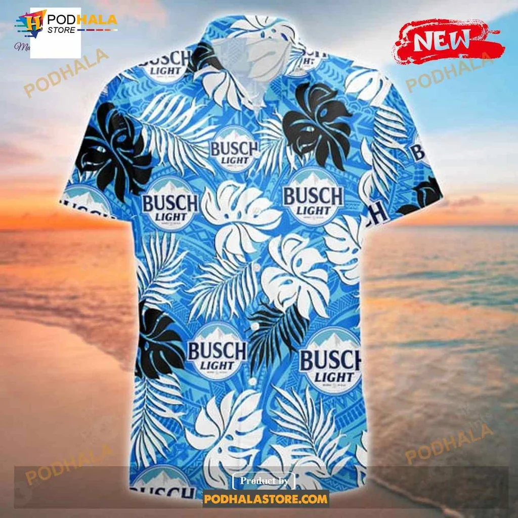 Busch Light Tropical Hawaiian Shirt With Vibrant Palm Leaves Design