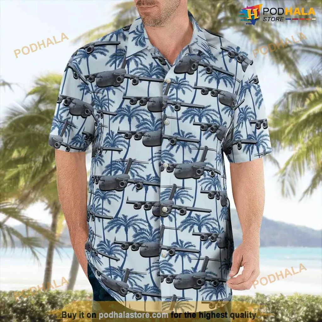 C 17 Globemaster Hawaiian Shirt Featuring Palm Trees And Military Aircraft