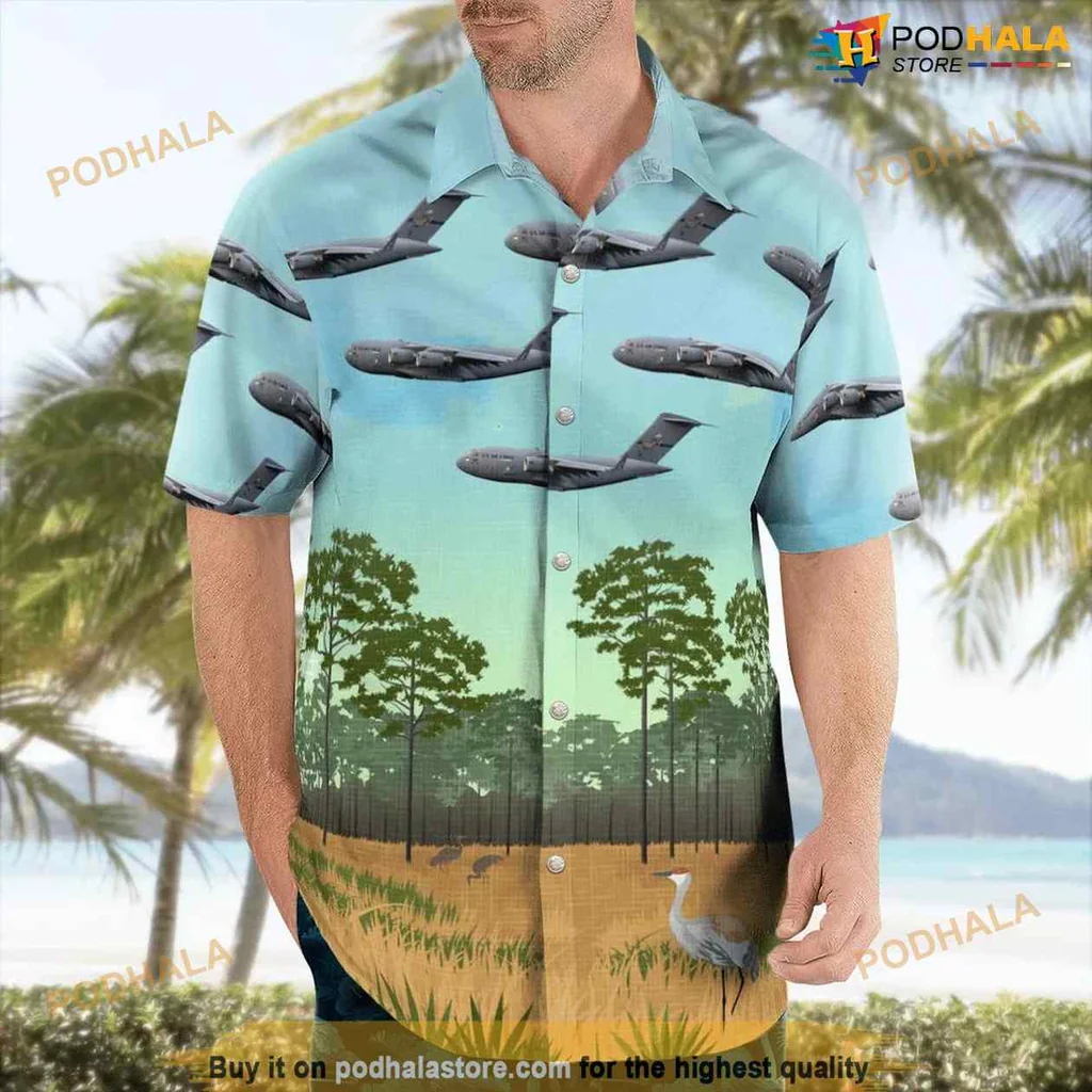 C 17 Globemaster Iii Aloha Shirt Featuring Military Aircraft And Tropical Landscape