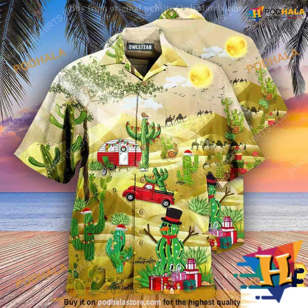 Cactus Holiday Vibe Hawaiian Shirt With Vintage Car And Camper Van