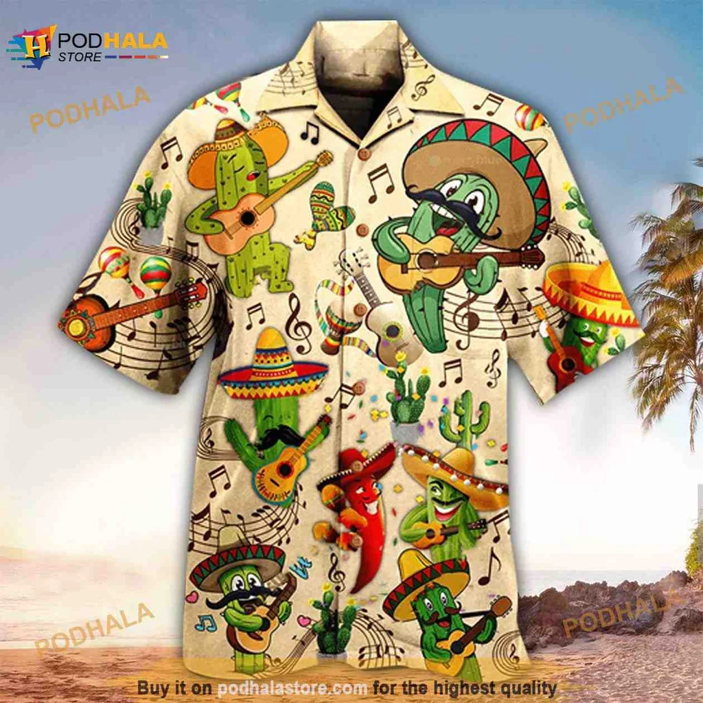 Cactus Musical Hawaiian Shirt With Sombreros And Instruments