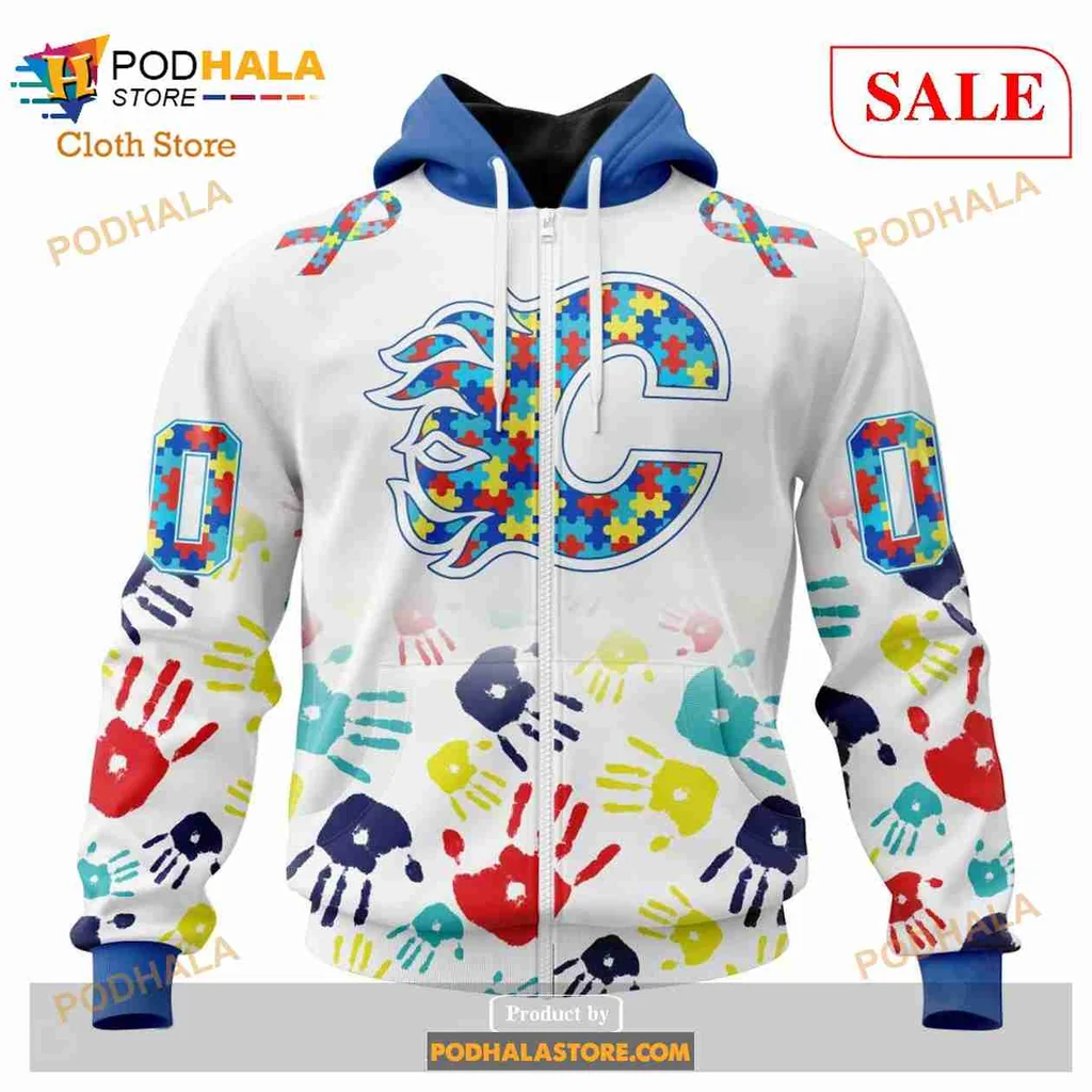 Calgary Flames Autism Awareness Hoodie With Colorful Puzzle Design - View 1 Calgary Flames Autism Awareness Hoodie With Colorful Puzzle Design - View 1
